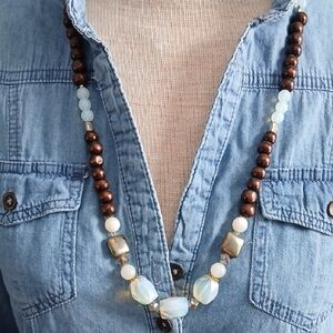 Elegant Brown Wooden Beads and White Moonstones Beads Necklace